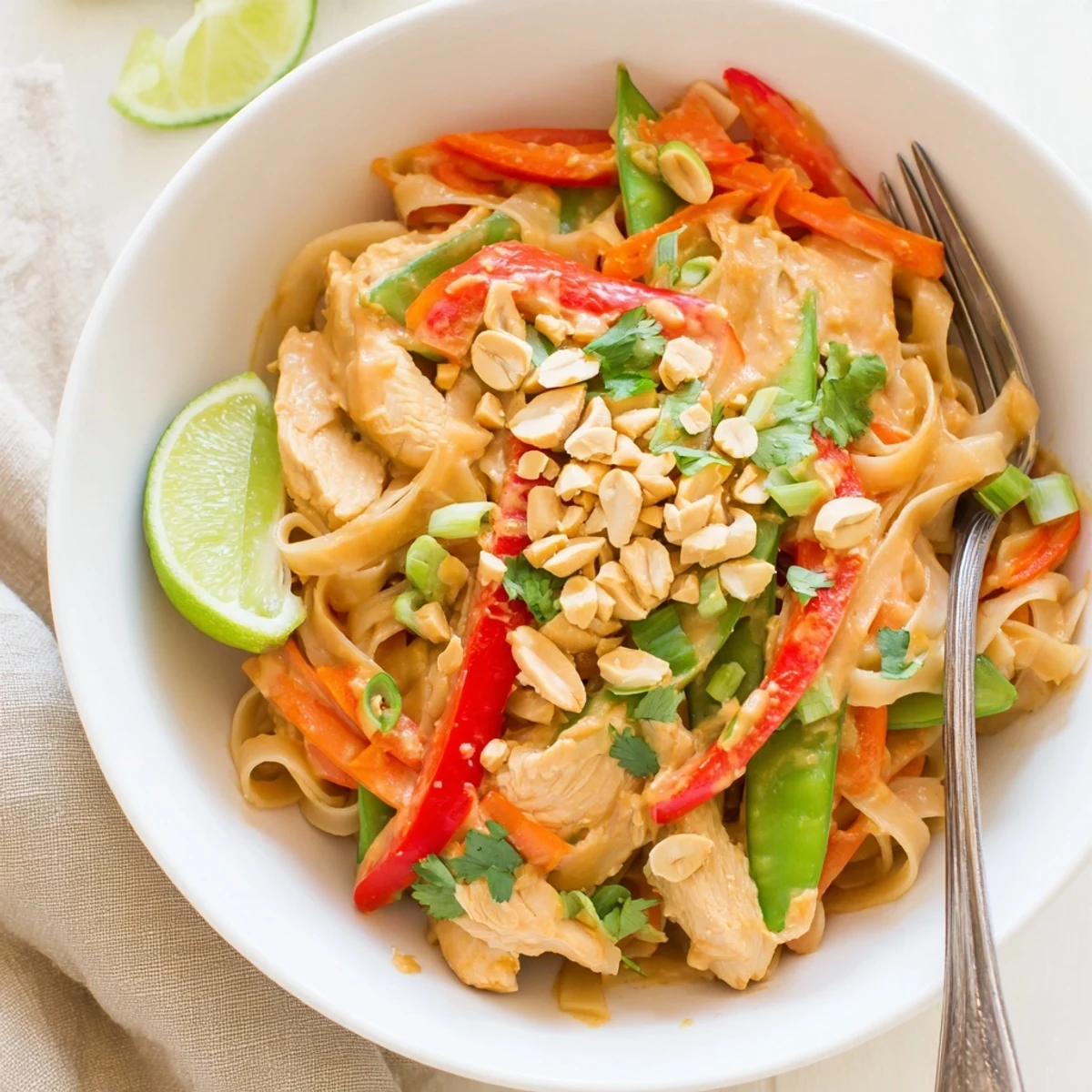 Vibrant Thai peanut chicken noodle bowl garnished with roasted peanuts and fresh cilantro