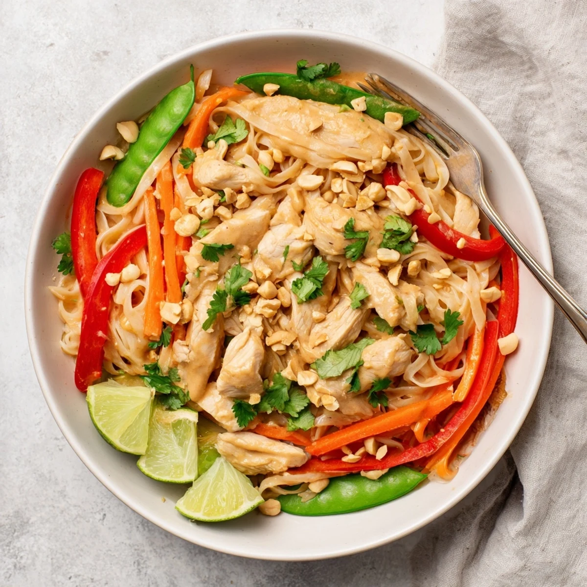 Tender sliced chicken stir-fried with colorful veggies in spicy-sweet peanut sauce over rice noodles