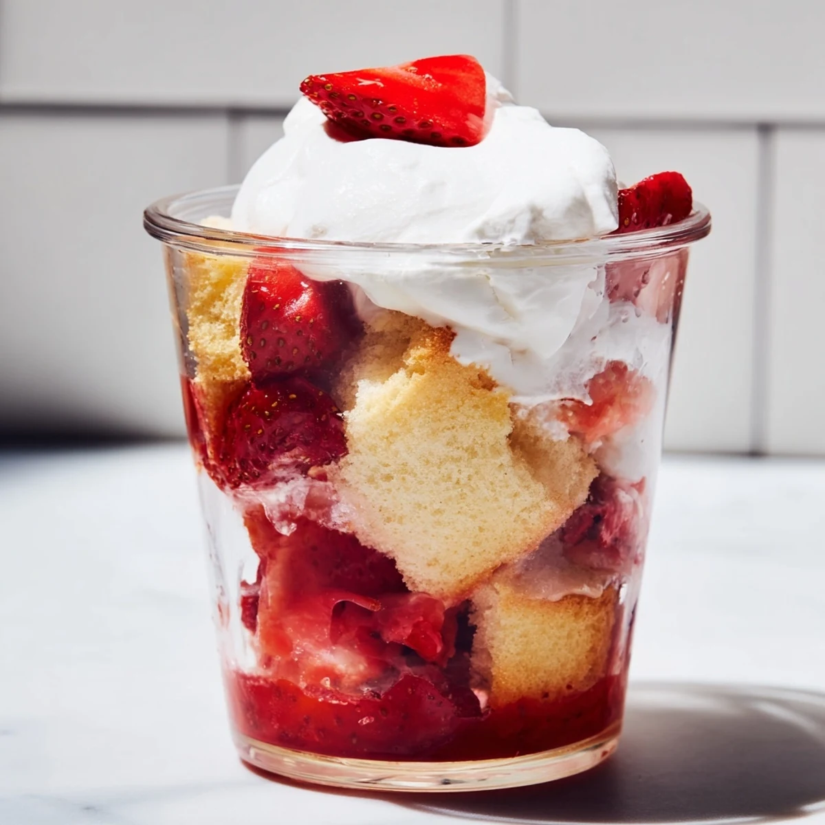 Golden strawberry shortcake cups layered with juicy red berries and fluffy white whipped cream