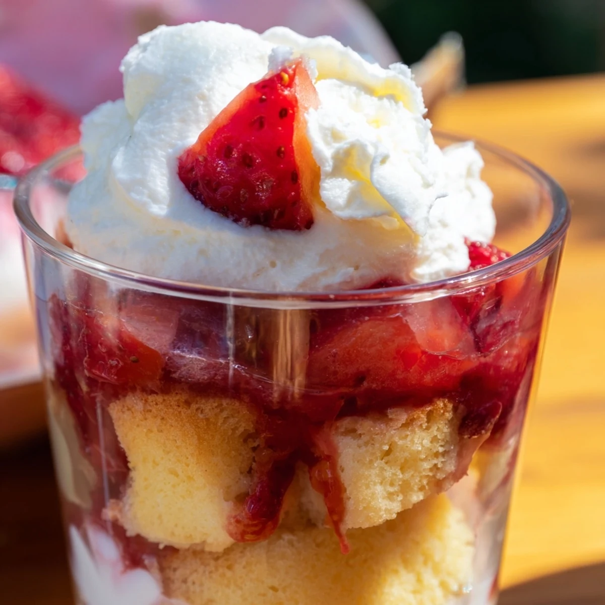 Individual strawberry shortcake cups showcasing tender cake cubes sweet macerated strawberries and cream topping