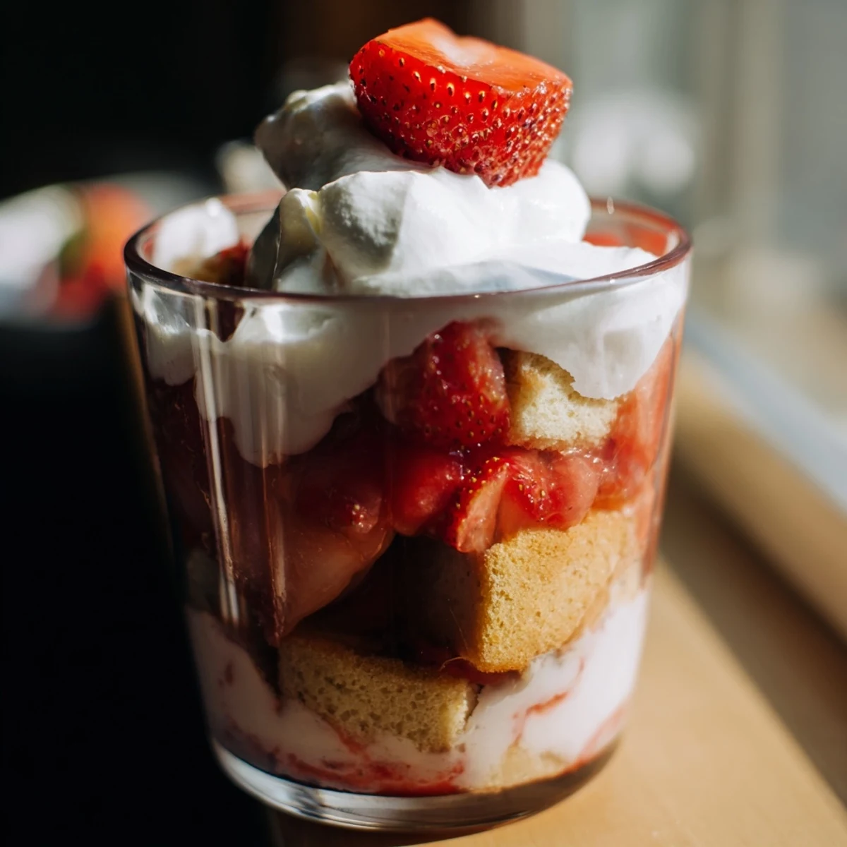 Clear dessert cups filled with strawberry shortcake layers whipped cream and fresh strawberry slices