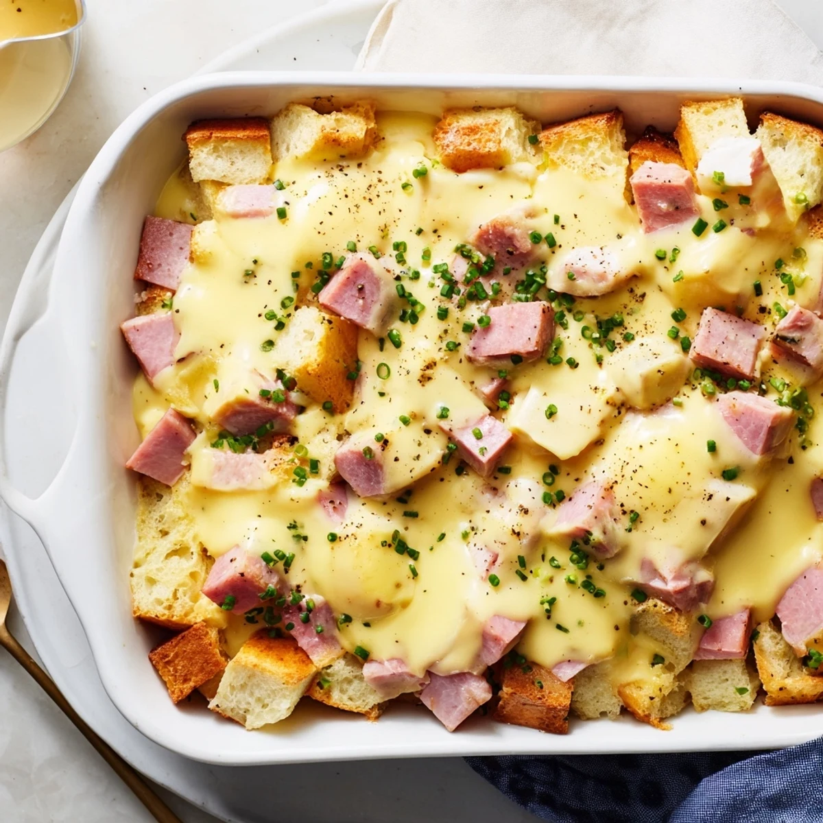 Golden baked Eggs Benedict Casserole with creamy hollandaise sauce drizzled over the top