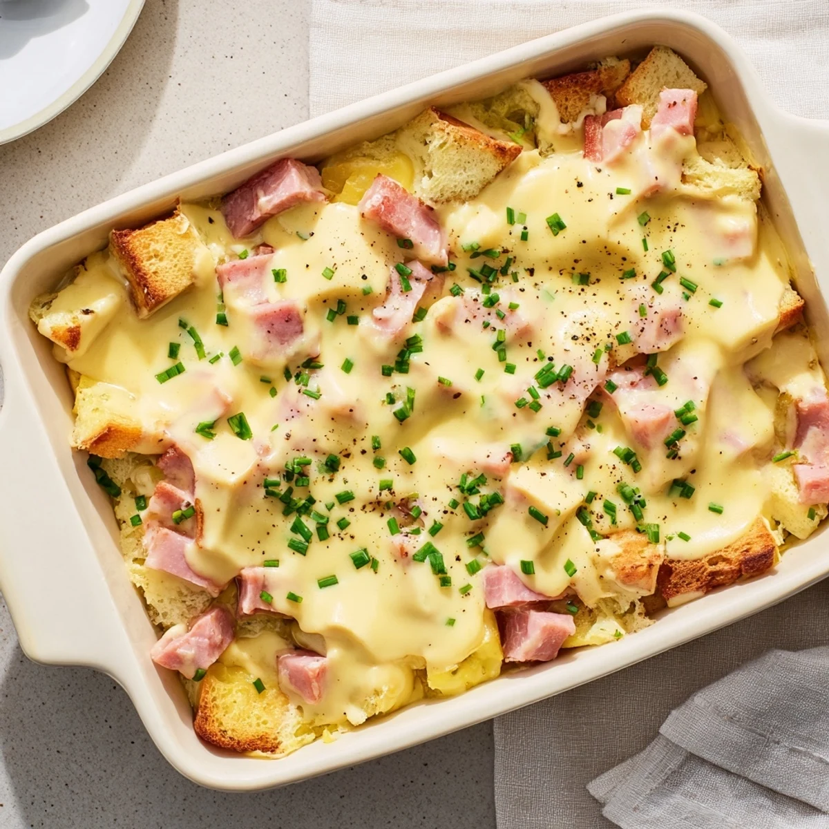 Crowd-pleasing breakfast casserole featuring layered English muffins Canadian bacon and fluffy eggs