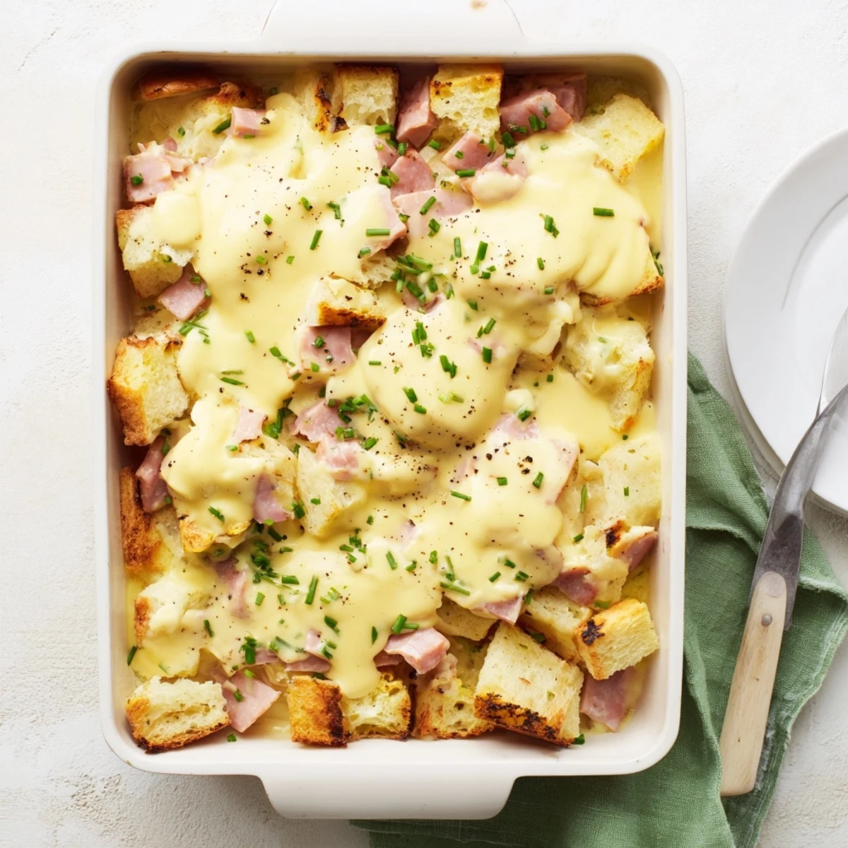 Savory Eggs Benedict Casserole served warm with rich hollandaise and fresh chive garnish