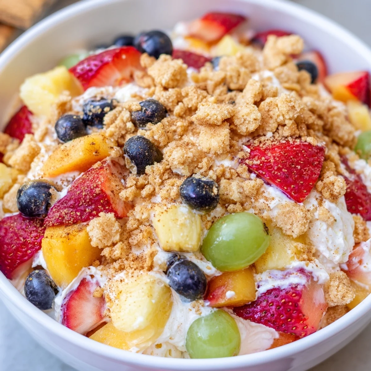 Summer dessert showing peach cobbler cheesecake fruit salad with fresh fruit medley tossed in creamy vanilla cheesecake and finished with warm crispy cinnamon topping