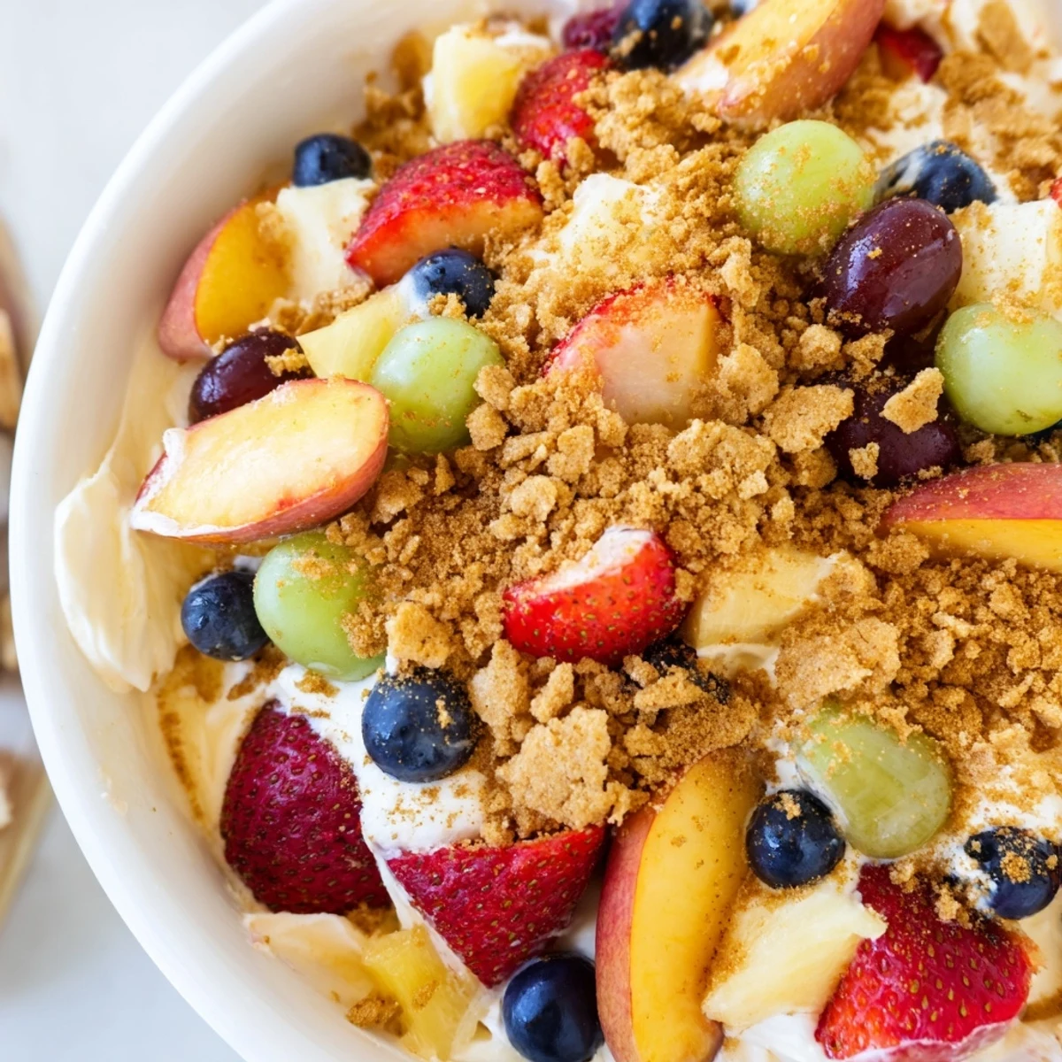 Bowl of peach cobbler cheesecake fruit salad displaying fluffy cheesecake folded juicy ripe strawberries blueberries grapes pineapple and buttery spiced cookie crumbles