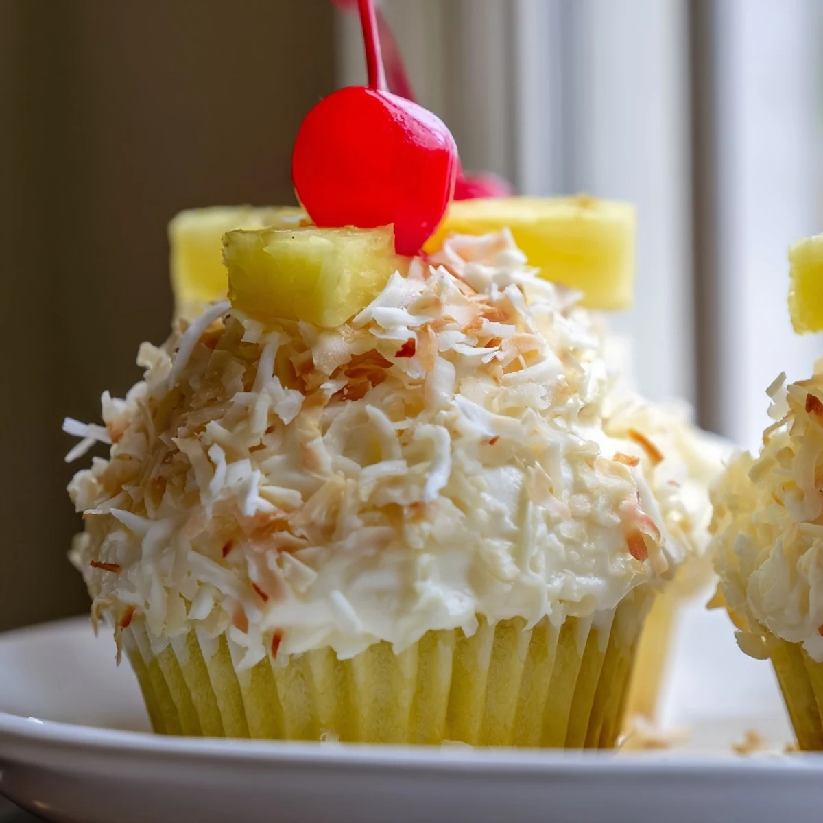 Fluffy Pina Colada cupcakes topped with creamy coconut frosting, cherries, and toasted coconut flakes