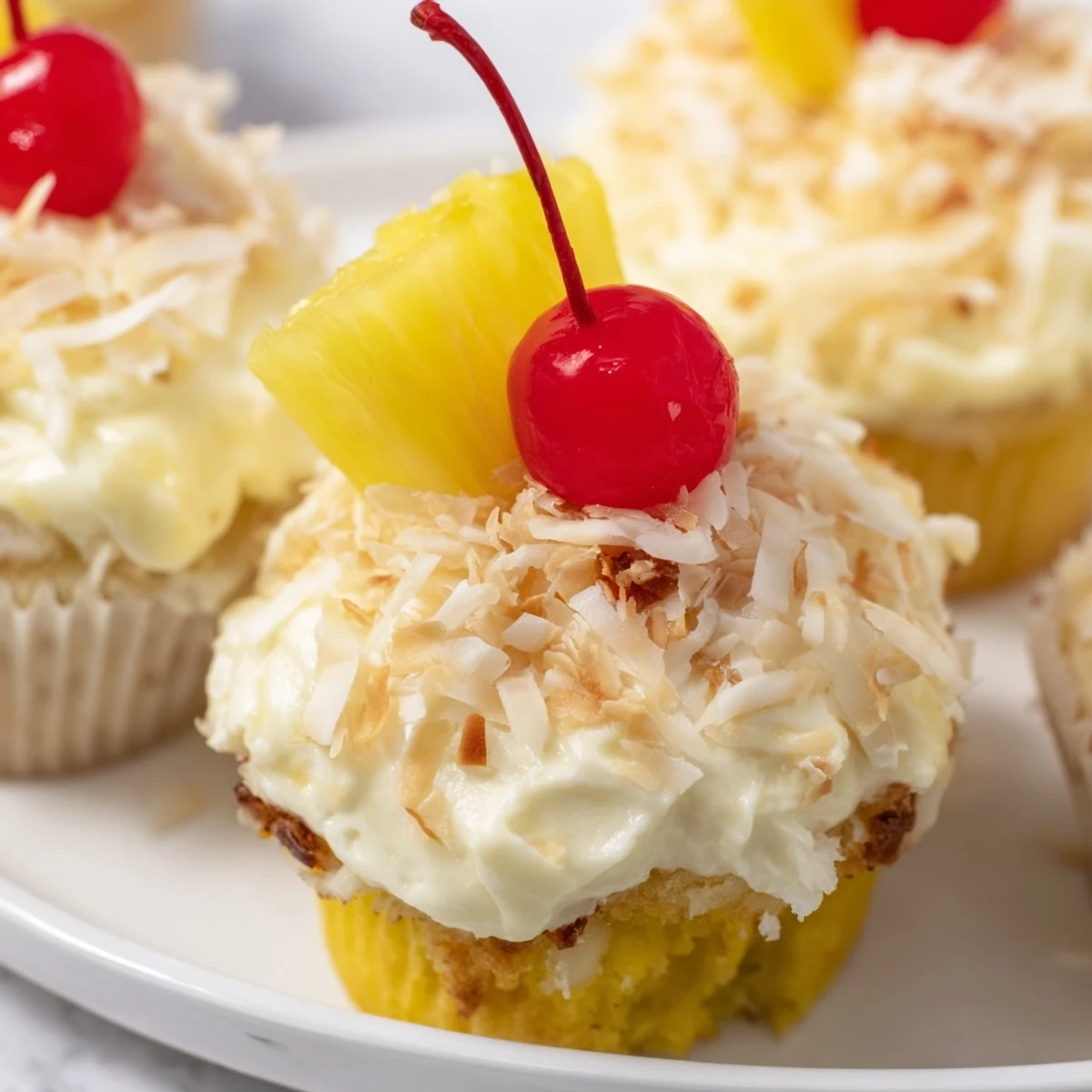 Tropical pineapple coconut cupcakes with fluffy white frosting and garnished maraschino cherry on top