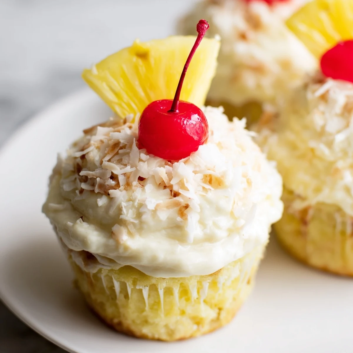 Homemade Pina Colada cupcakes with rum-infused batter, coconut frosting, and pineapple wedge garnish