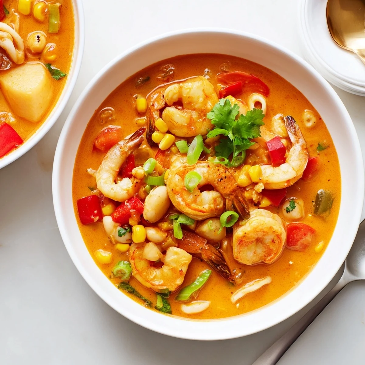 Hearty bowl of creamy seafood and shrimp chili garnished with fresh cilantro and zesty lime wedges