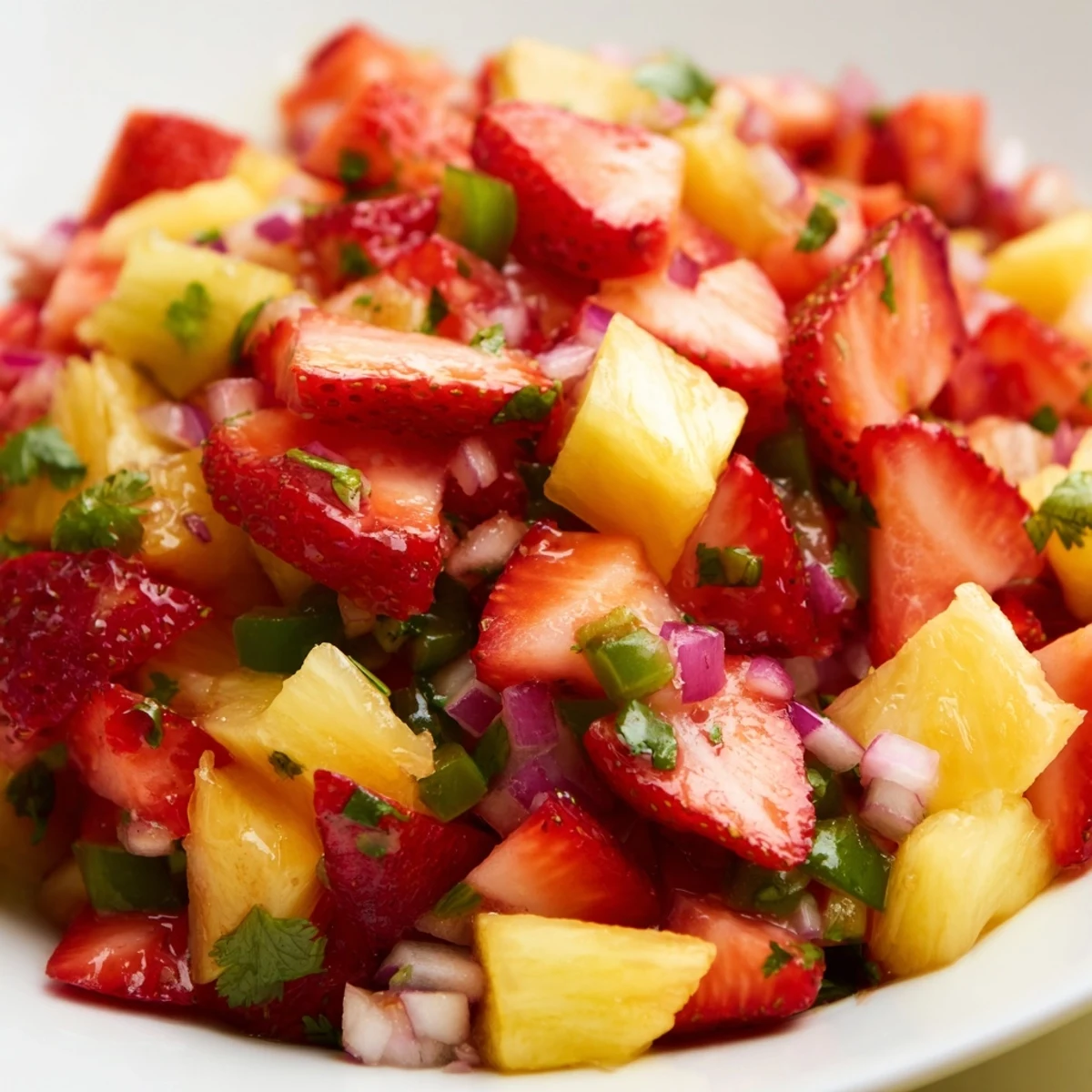 Fresh strawberry pineapple salsa in white bowl with vibrant red and yellow fruit chunks