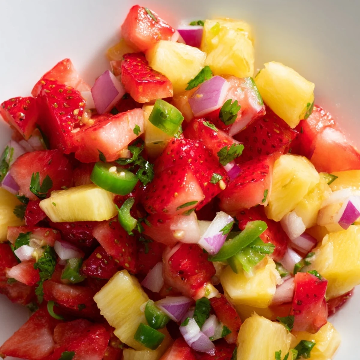 Colorful strawberry pineapple salsa scooped onto blue tortilla chips with green cilantro garnish