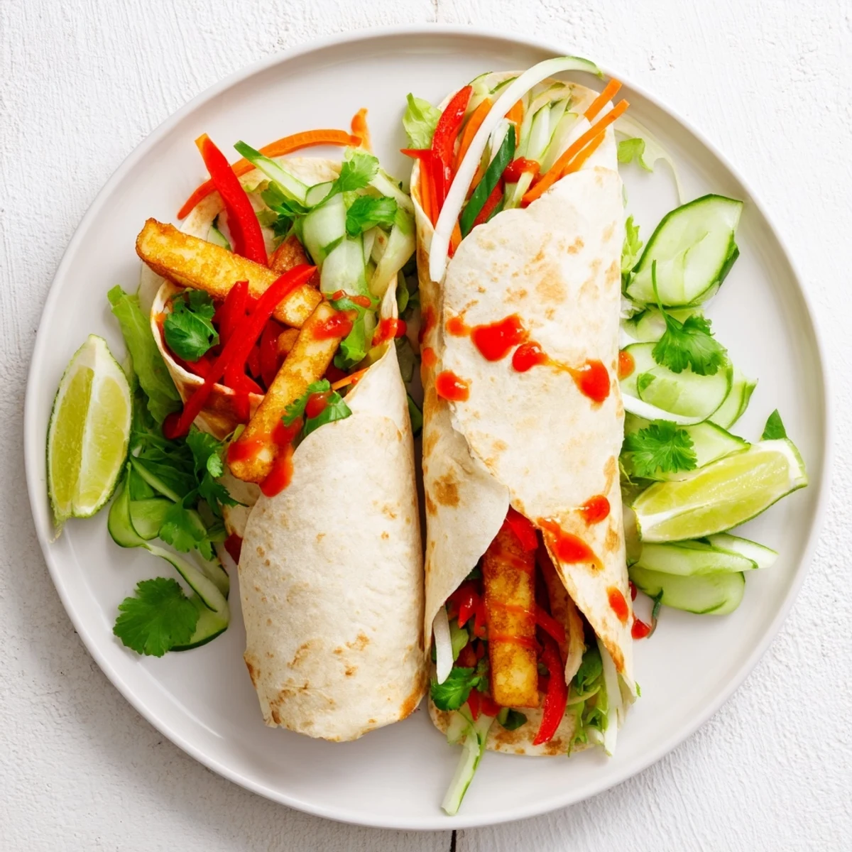 Golden fried vegetarian sweet chili halloumi wraps with colorful julienned vegetables and fresh greens