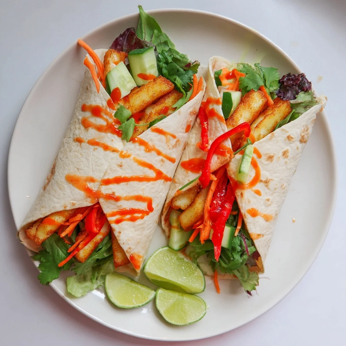 Crispy halloumi cheese in sweet chili sauce wrapped inside warm flour tortillas with crunchy vegetables