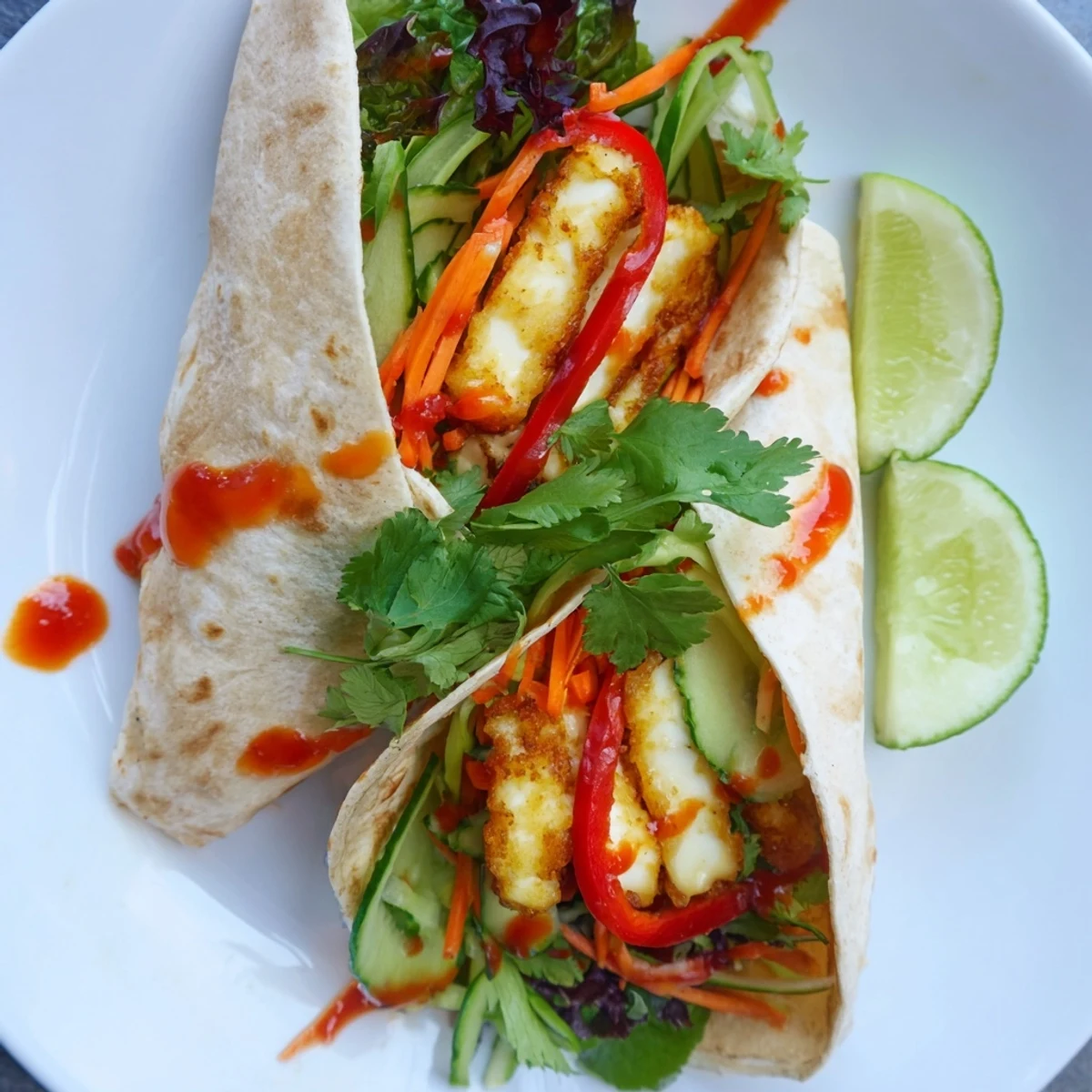 Hand-held vegetarian sweet chili halloumi wraps featuring golden cheese strips and vibrant crisp vegetable filling