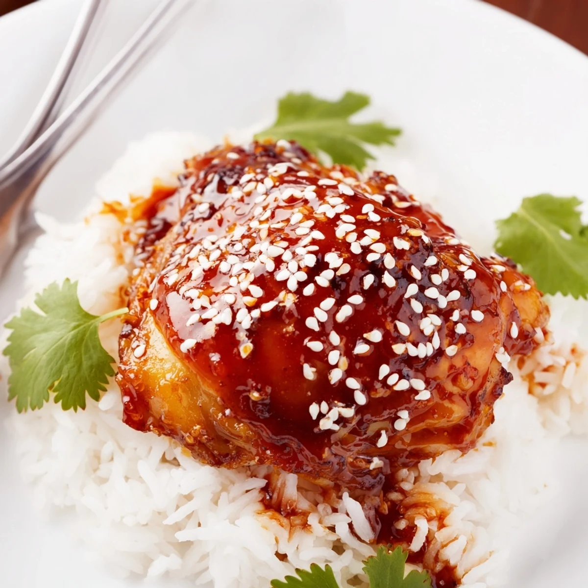Golden spicy maple chicken glazed with sticky sweet sauce atop fluffy white coconut rice