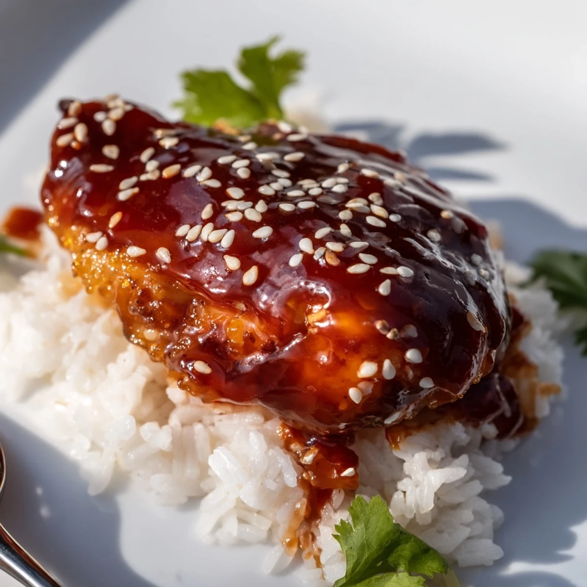 Tender chicken thighs coated in maple sriracha glaze served over fragrant coconut rice bed