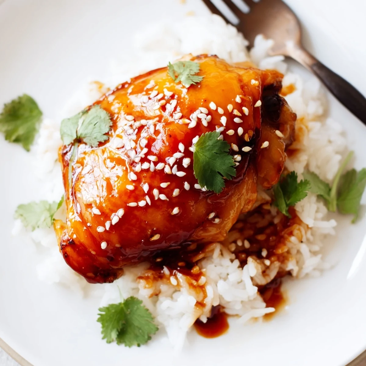 Plate of spicy maple chicken pieces garnished with cilantro and sesame over creamy coconut rice