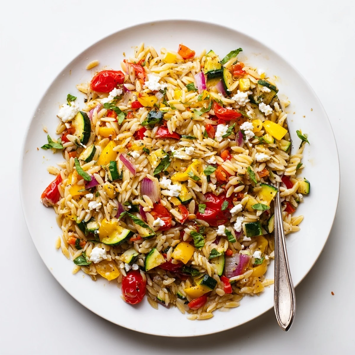 Golden roasted vegetable orzo topped with crumbled feta and fresh herbs in a serving bowl