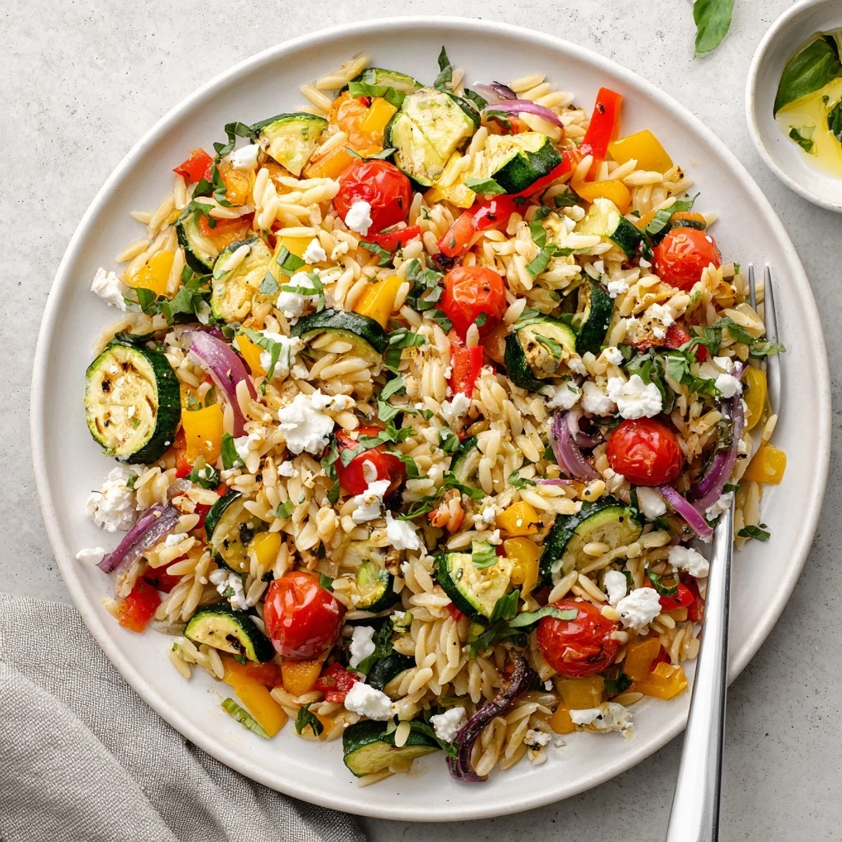 Mediterranean orzo pasta tossed with tender colorful roasted vegetables and zesty lemon garnish