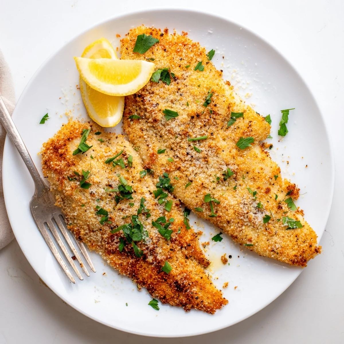 Flavorful tilapia crispy in the air fryer served with fresh lemon wedges
