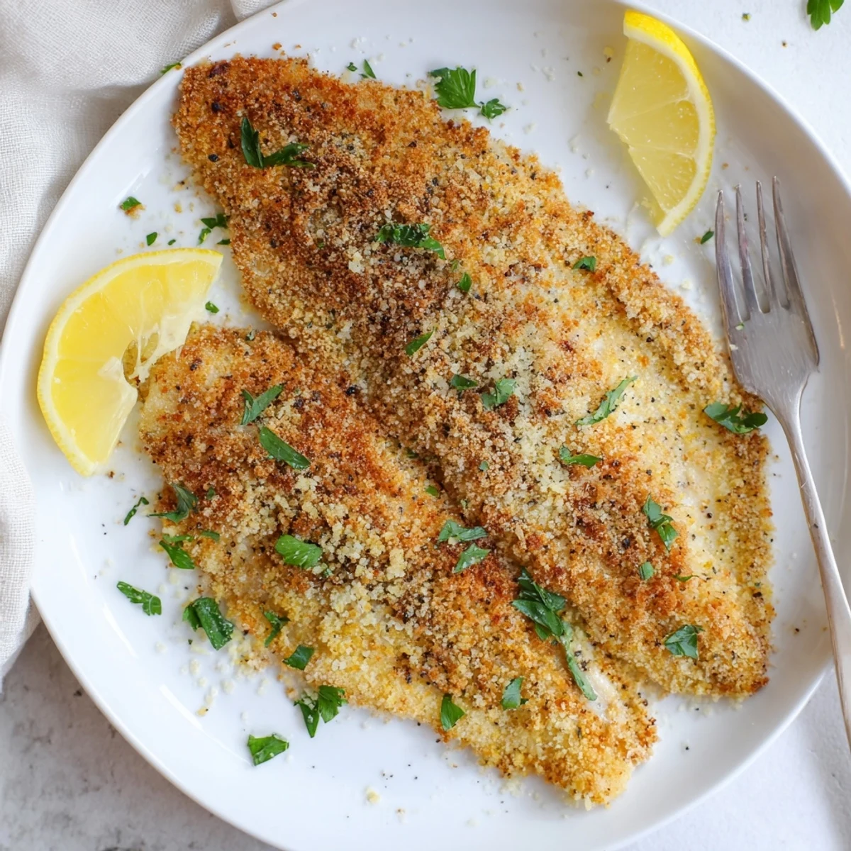 Breaded tilapia fillets with a golden crunchy crust after air frying