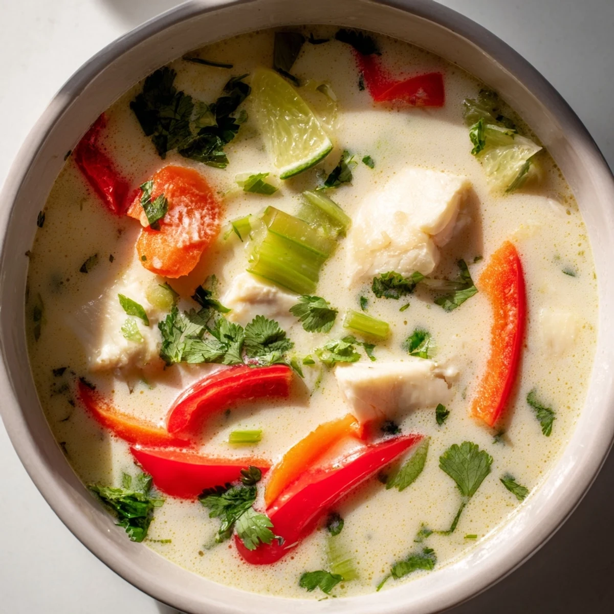 Creamy coconut lime fish soup garnished with fresh cilantro and green onions in a white bowl