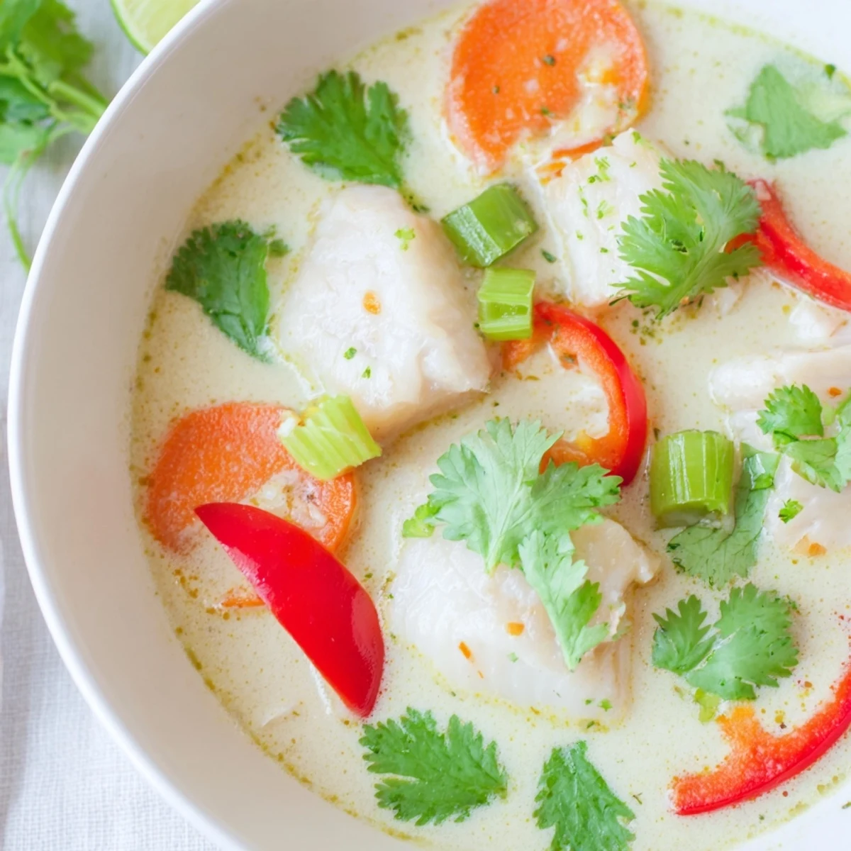 Close up of creamy coconut lime fish soup featuring flaky fish chunks and bright red pepper slices
