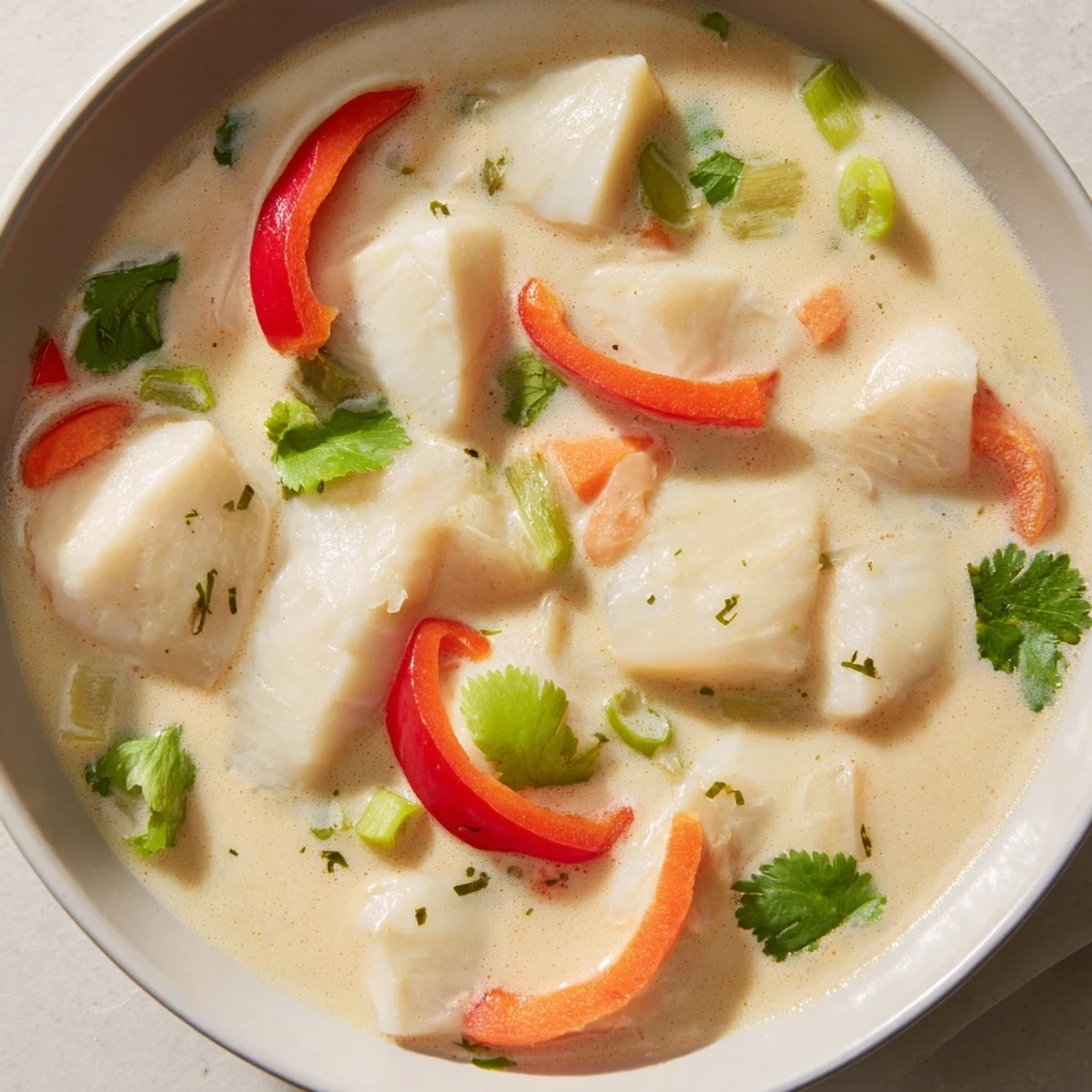 Steaming bowl of Southeast Asian coconut lime fish soup with tender white fish and colorful vegetables