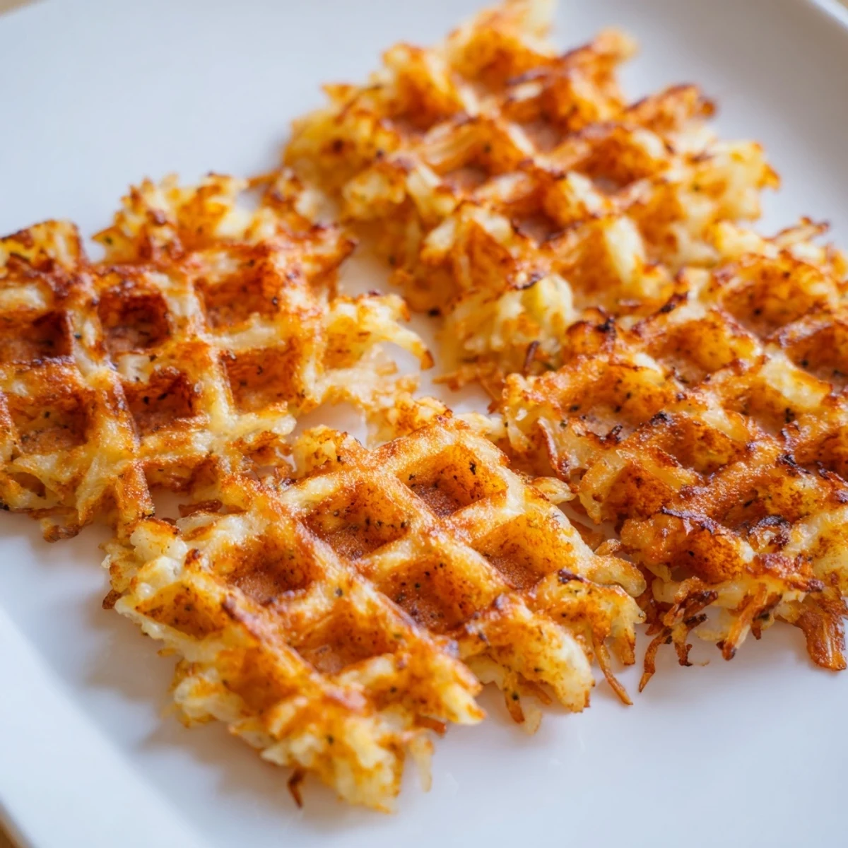 Golden crispy waffle iron hashbrowns with deep ridges served on a white plate