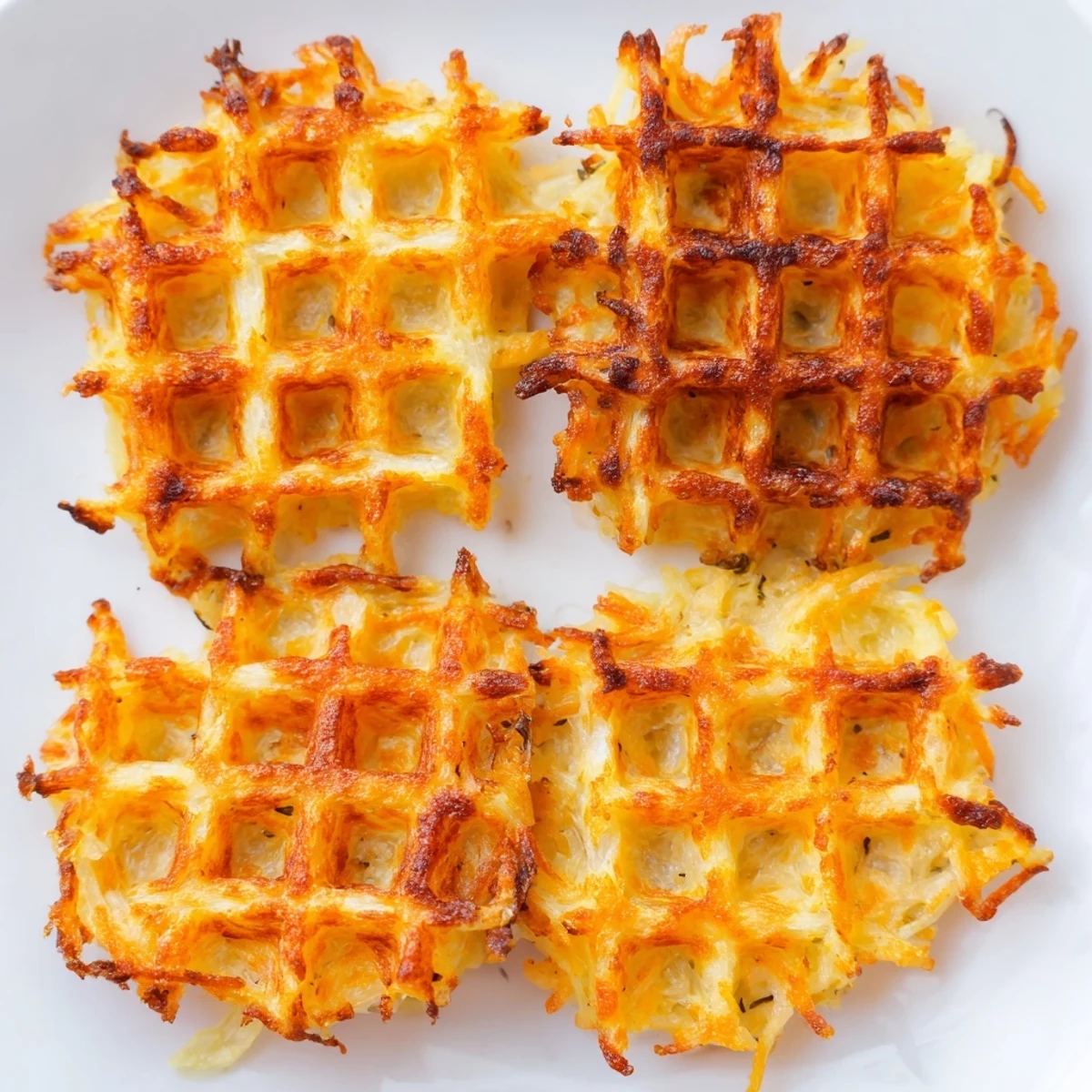Waffle iron hashbrowns featuring golden potato waffles with butter drizzled on top