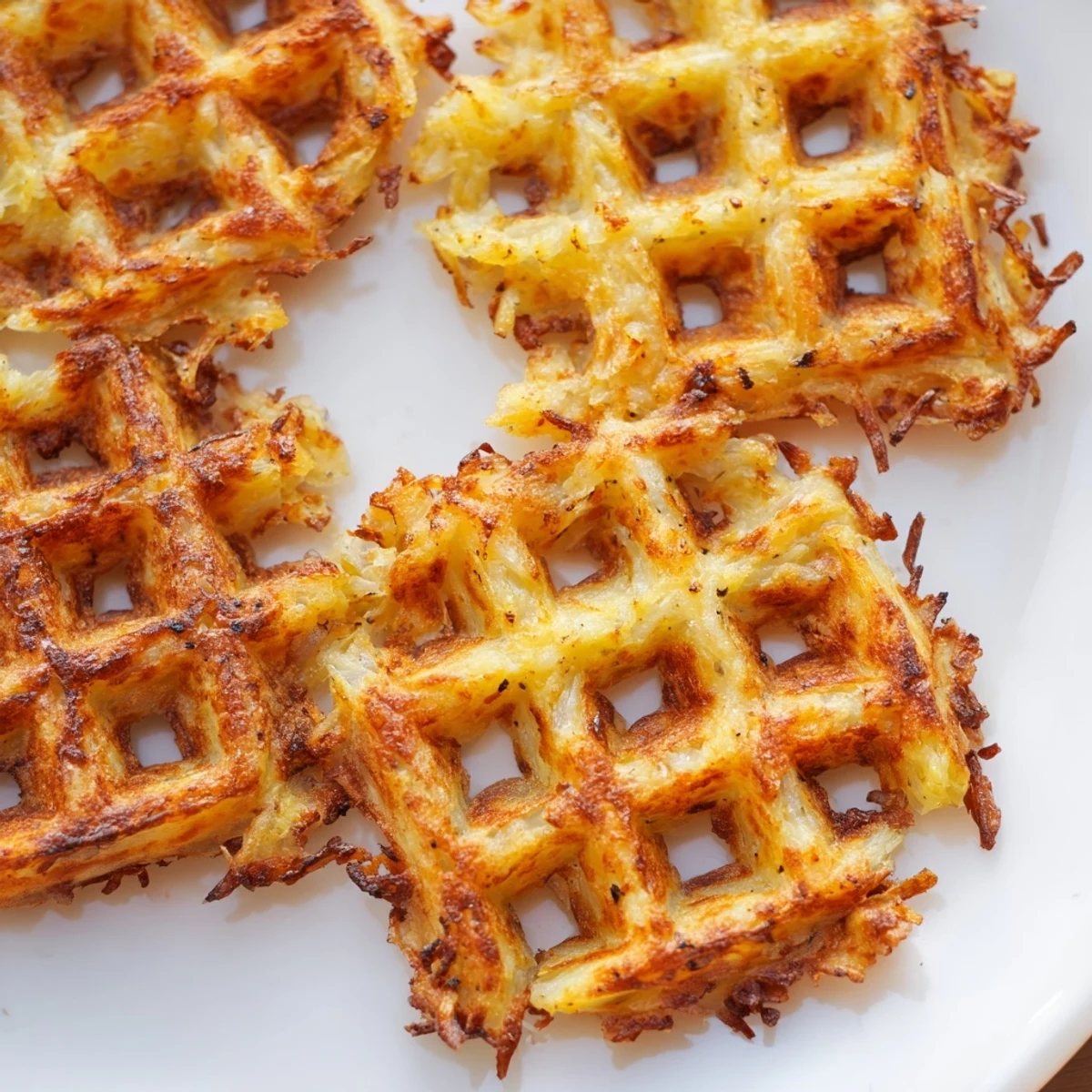 Extra crunchy homemade hashbrowns cooked in waffle iron until perfectly browned and crispy