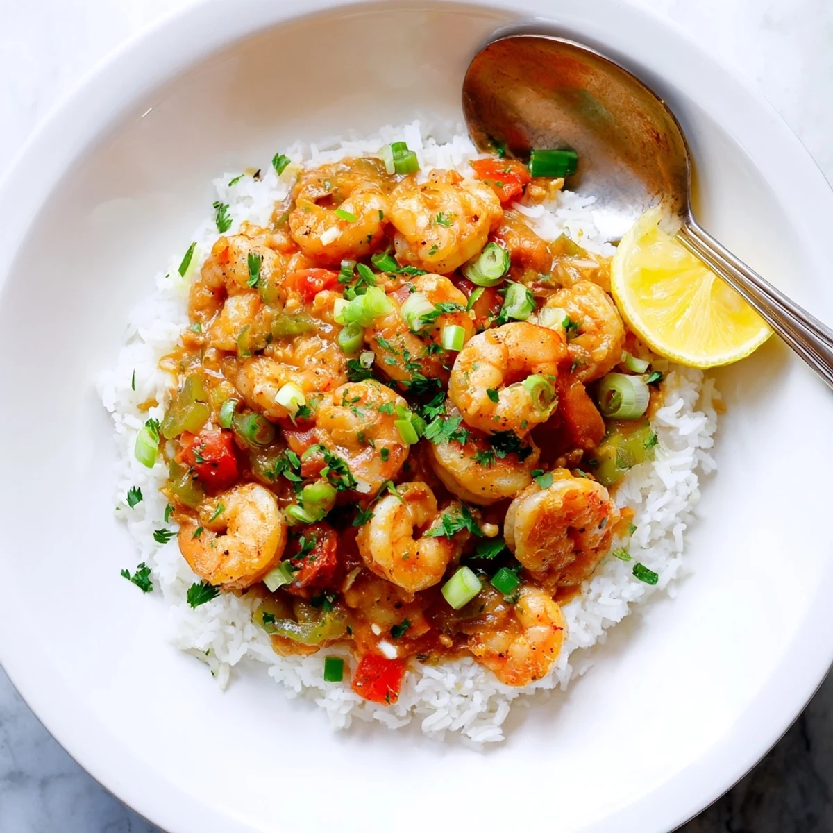 Succulent shrimp simmered in rich spicy roux-based sauce atop steaming white rice in bowl