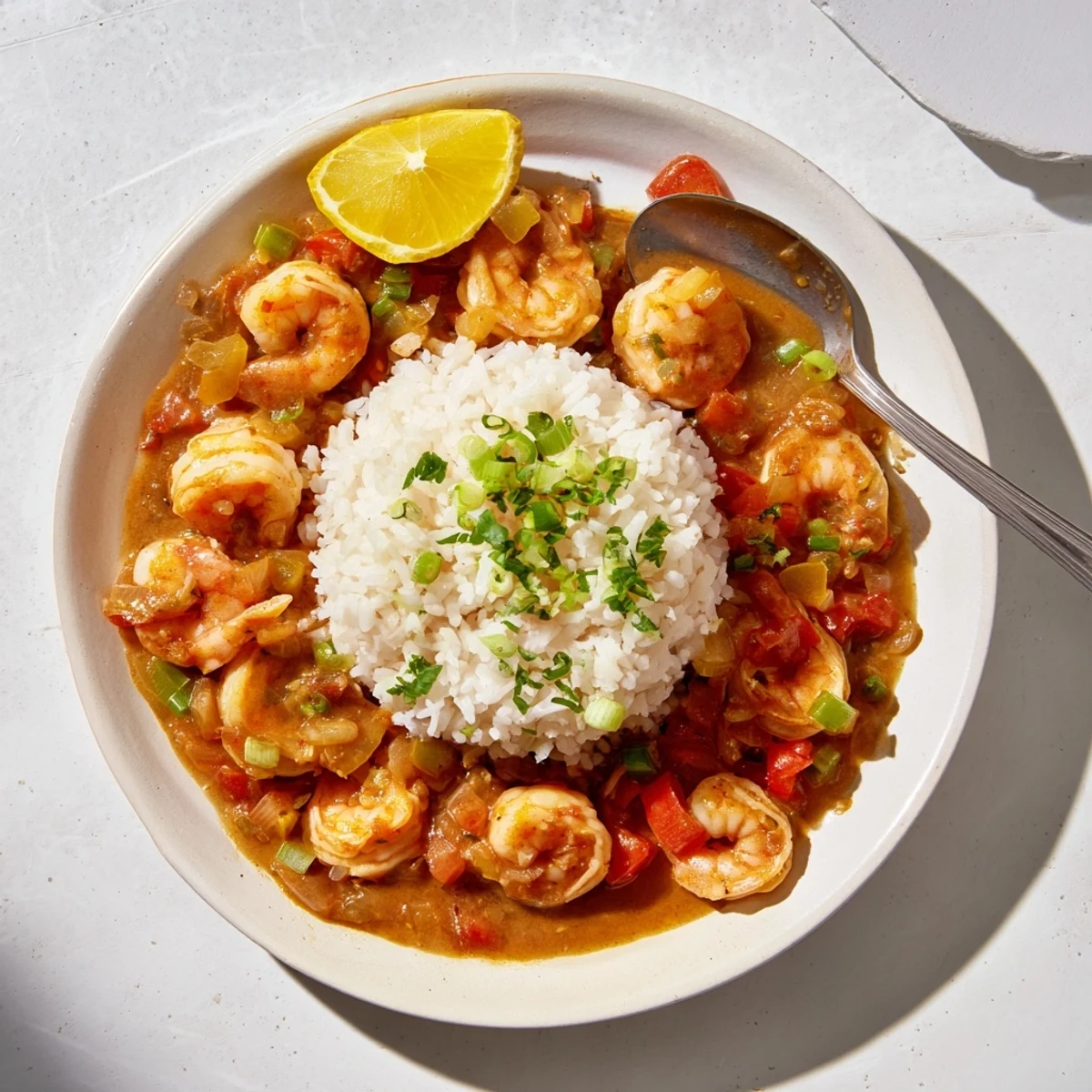 Classic Louisiana Creole Shrimp Étouffée featuring plump seafood in thick dark gravy over rice