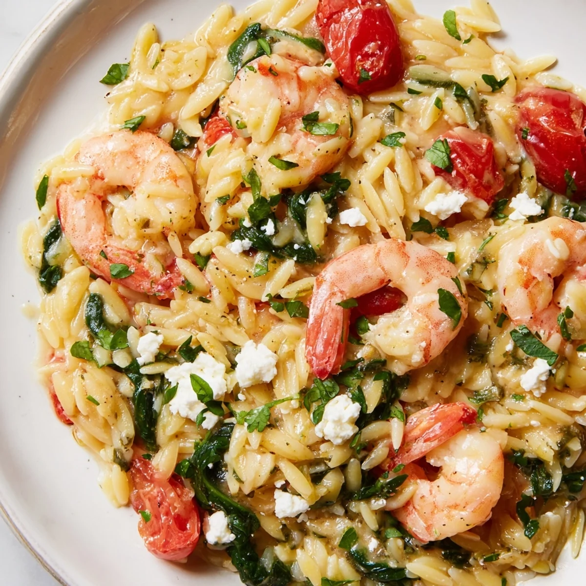 Golden lemon feta orzo with shrimp plated in a rustic white bowl