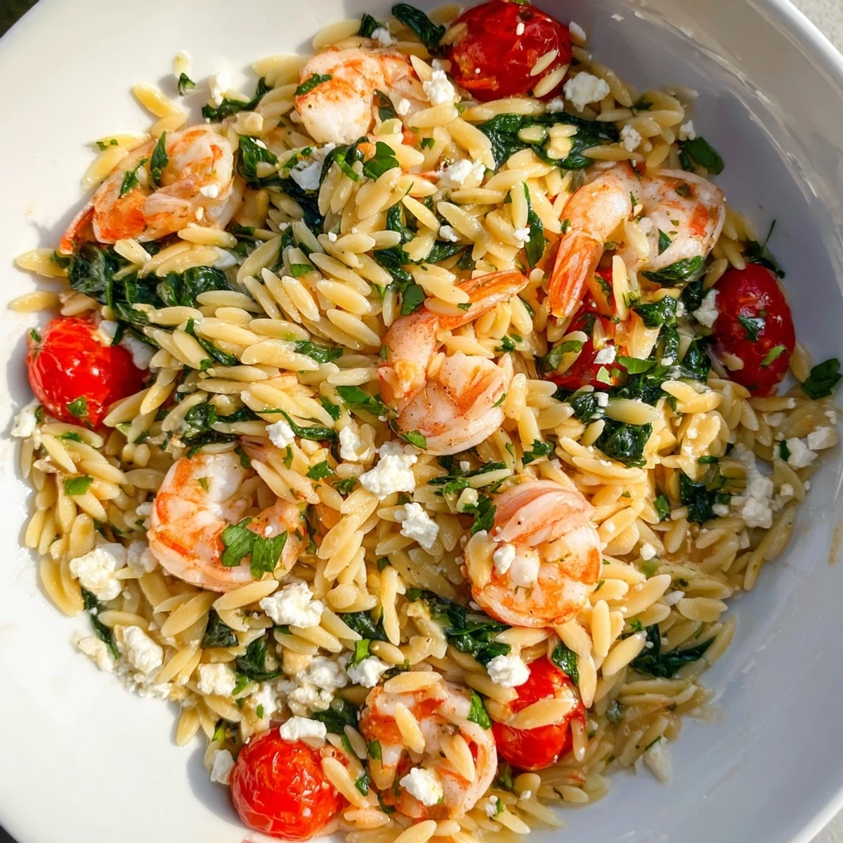 Creamy orzo pasta tossed with pink shrimp and crumbled white feta cheese