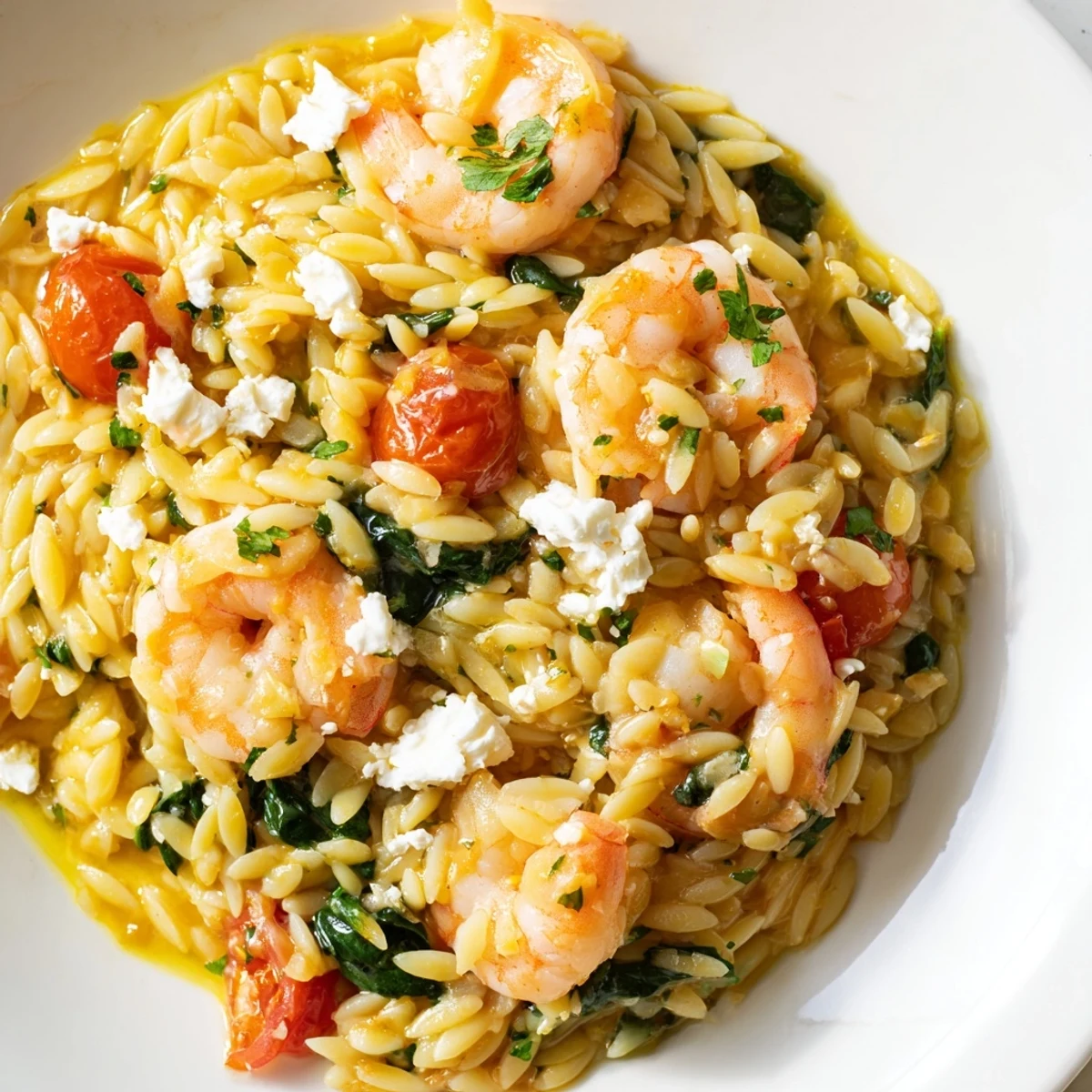 Mediterranean lemon feta orzo shrimp garnished with fresh parsley and cherry tomatoes