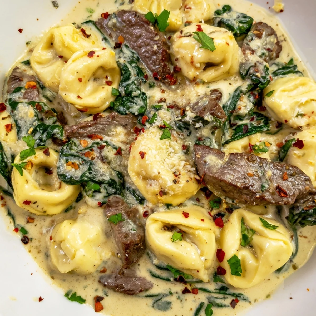 Savory steak strips and cheese tortellini tossed in garlicky cream sauce with fresh parsley garnish
