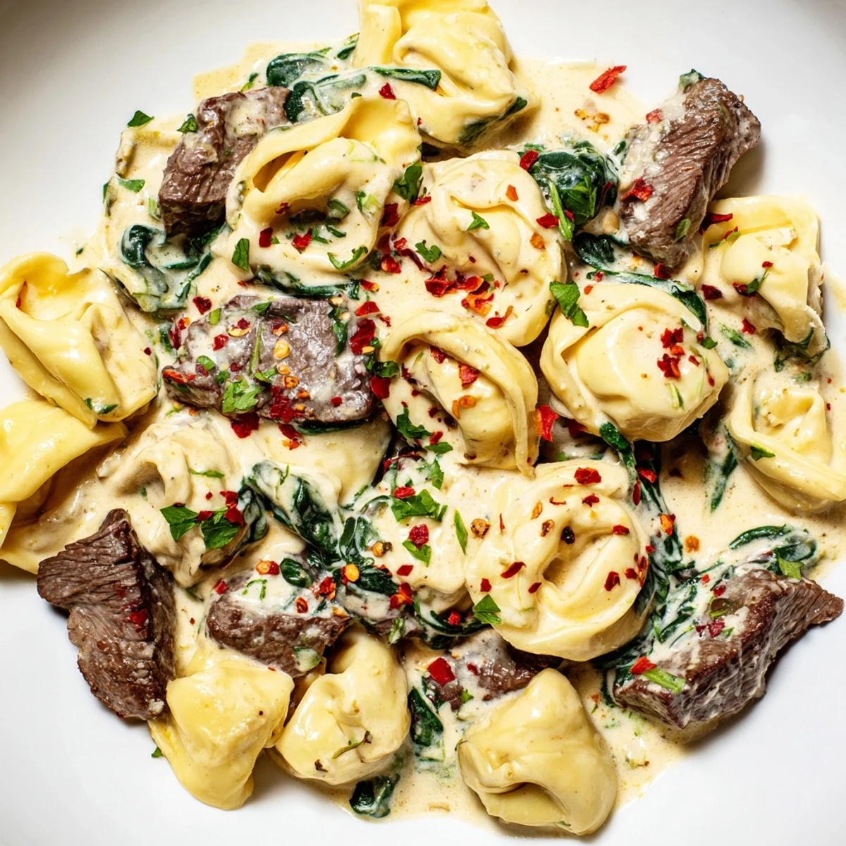 Creamy garlic steak tortellini with tender beef and rich parmesan sauce in a white bowl