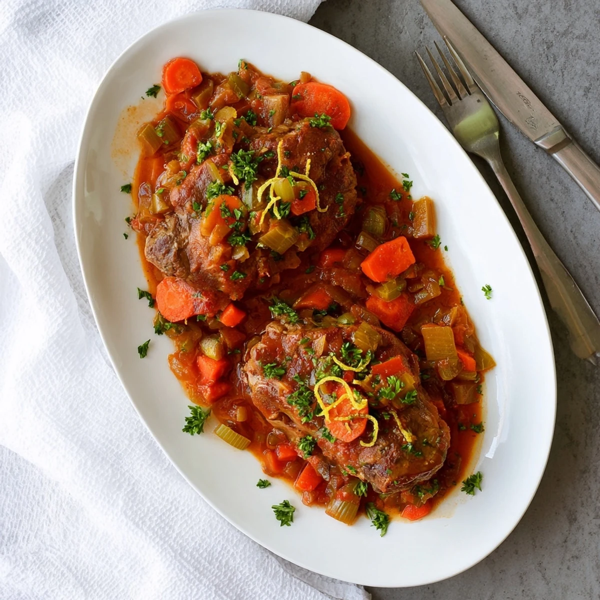 Golden brown Osso Buco à la Ina Garten braised veal shanks swimming in rich tomato wine sauce