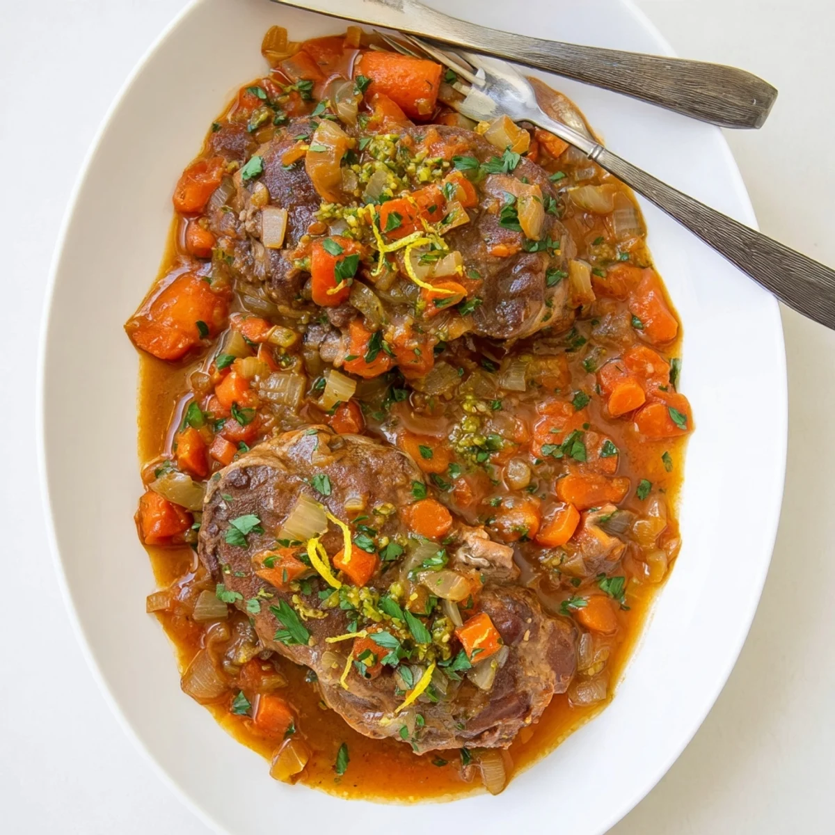 Fork-tender Osso Buco à la Ina Garten served over creamy risotto with fresh gremolata garnish