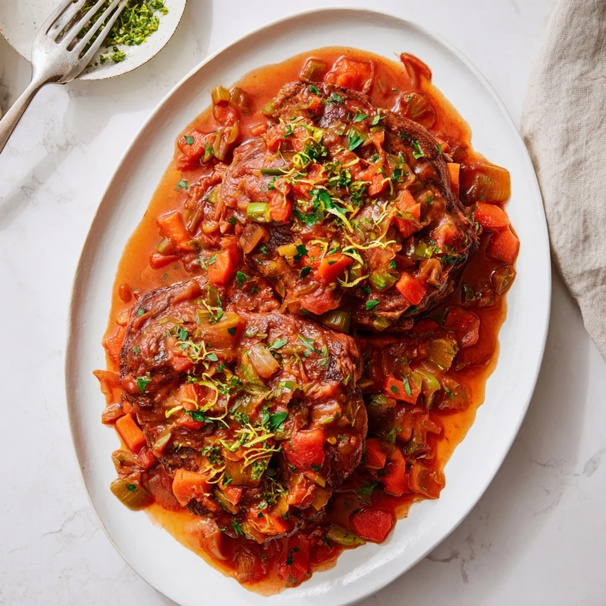 Slow-cooked Osso Buco à la Ina Garten in Dutch oven with tender meat falling off the bone
