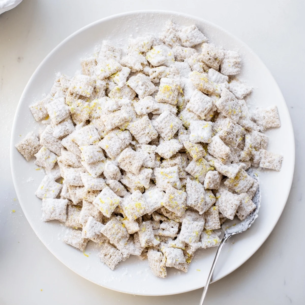 Zesty lemonade puppy chow snack sprinkled with powdered sugar in glass serving bowl