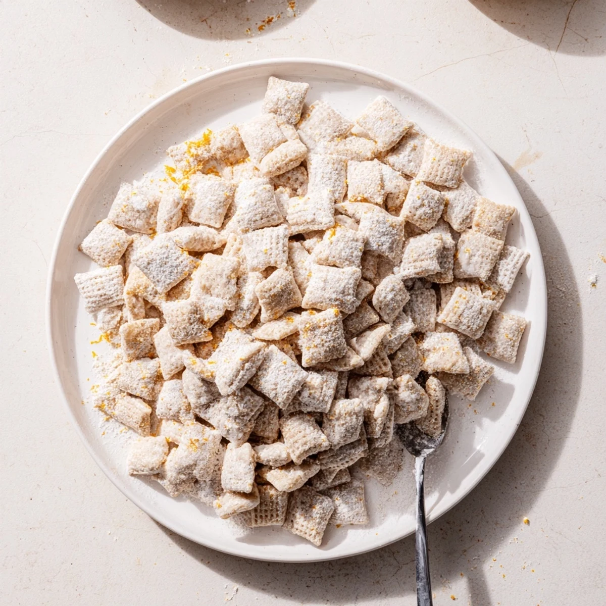 Golden lemonade puppy chow snack coated in white chocolate and powdered sugar on white plate