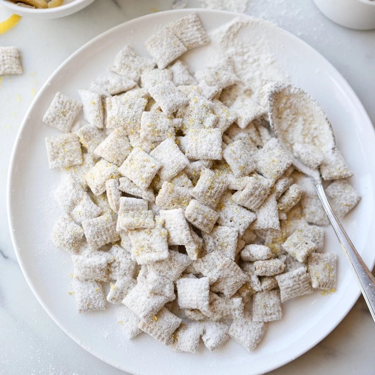 Bright white chocolate lemonade puppy chow snack on parchment paper with lemon zest garnish