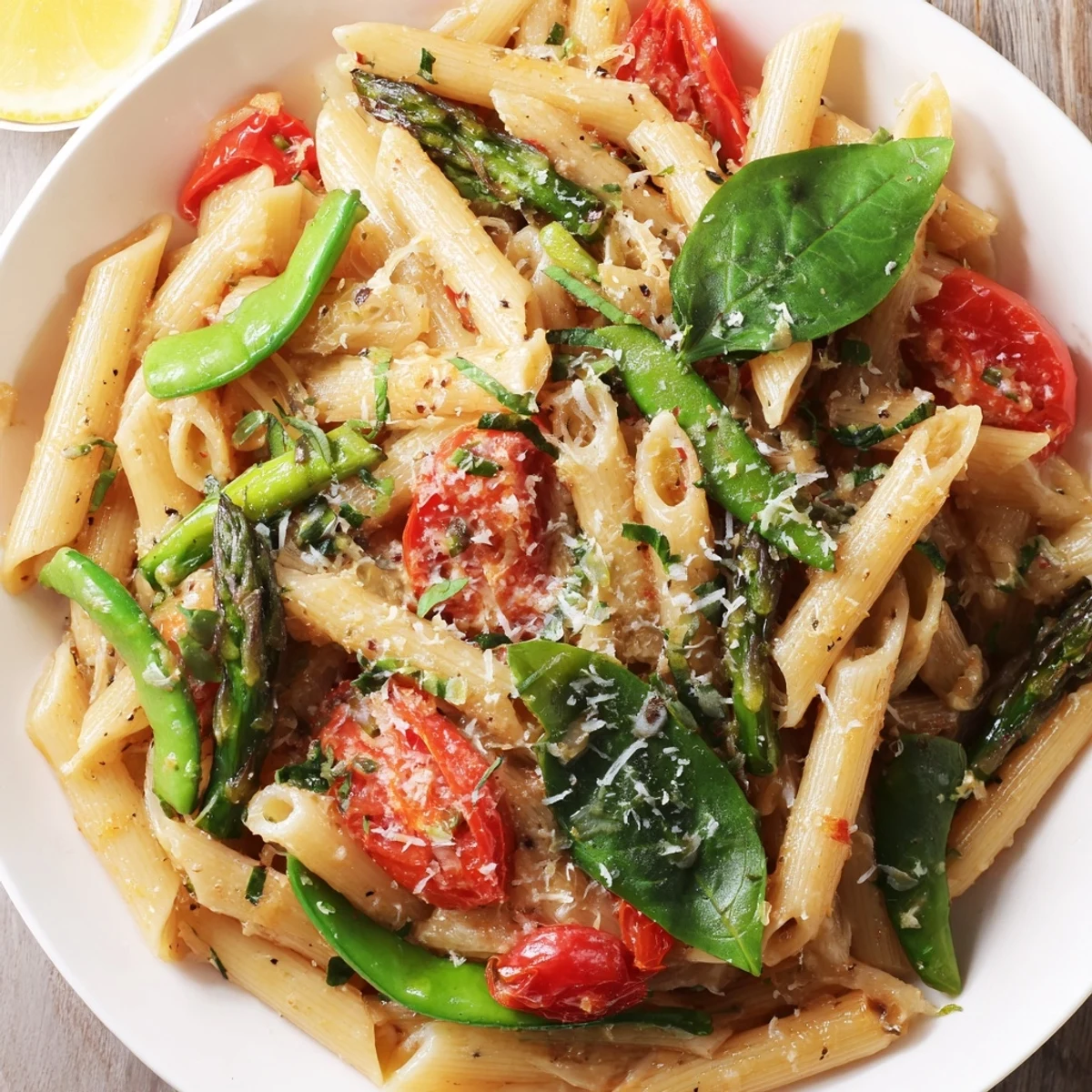 One pot spring vegetable pasta featuring colorful asparagus, snap peas, and cherry tomatoes in a light broth.