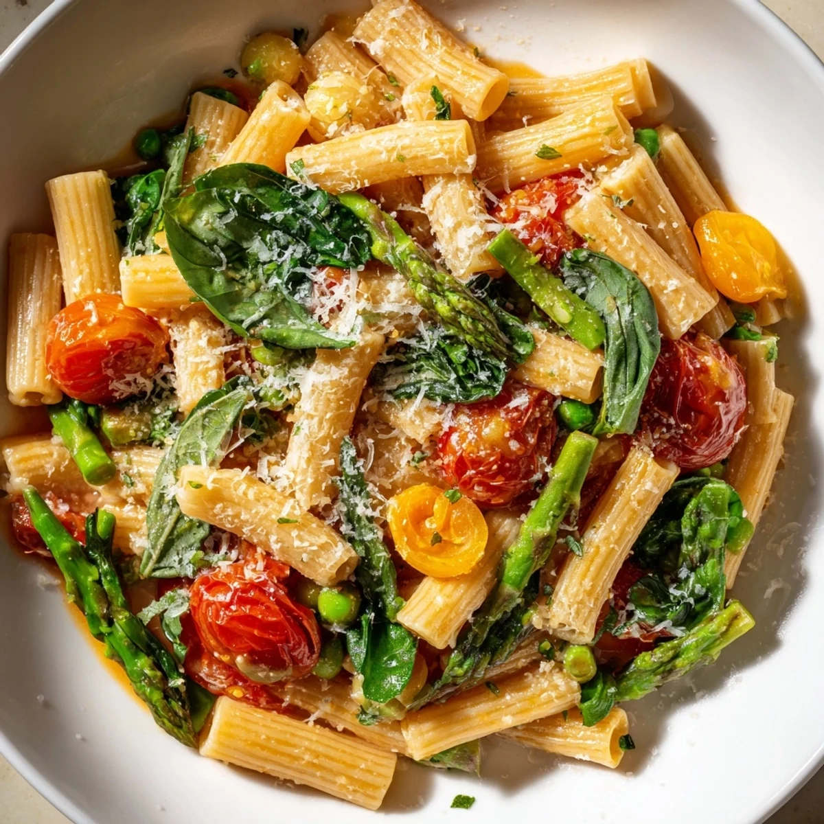 Creamy one pot spring vegetable pasta tossed with fresh zucchini, spinach, and shaved Parmesan cheese garnish.