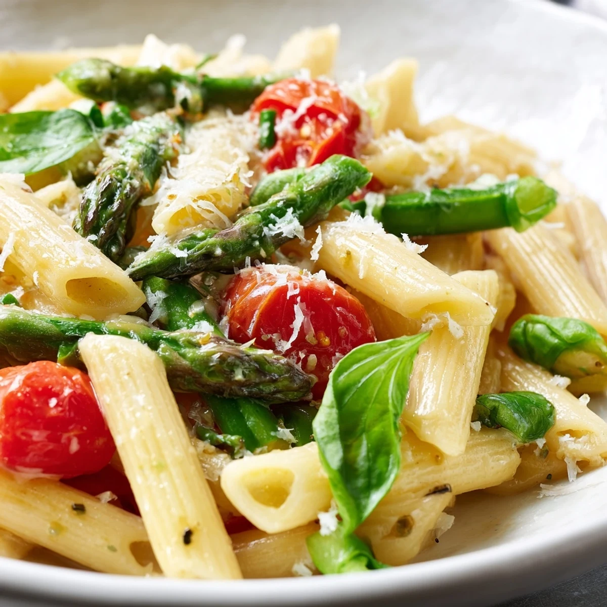 Vibrant one pot spring vegetable pasta dish with tender pasta, bright vegetables, and fragrant lemon basil.