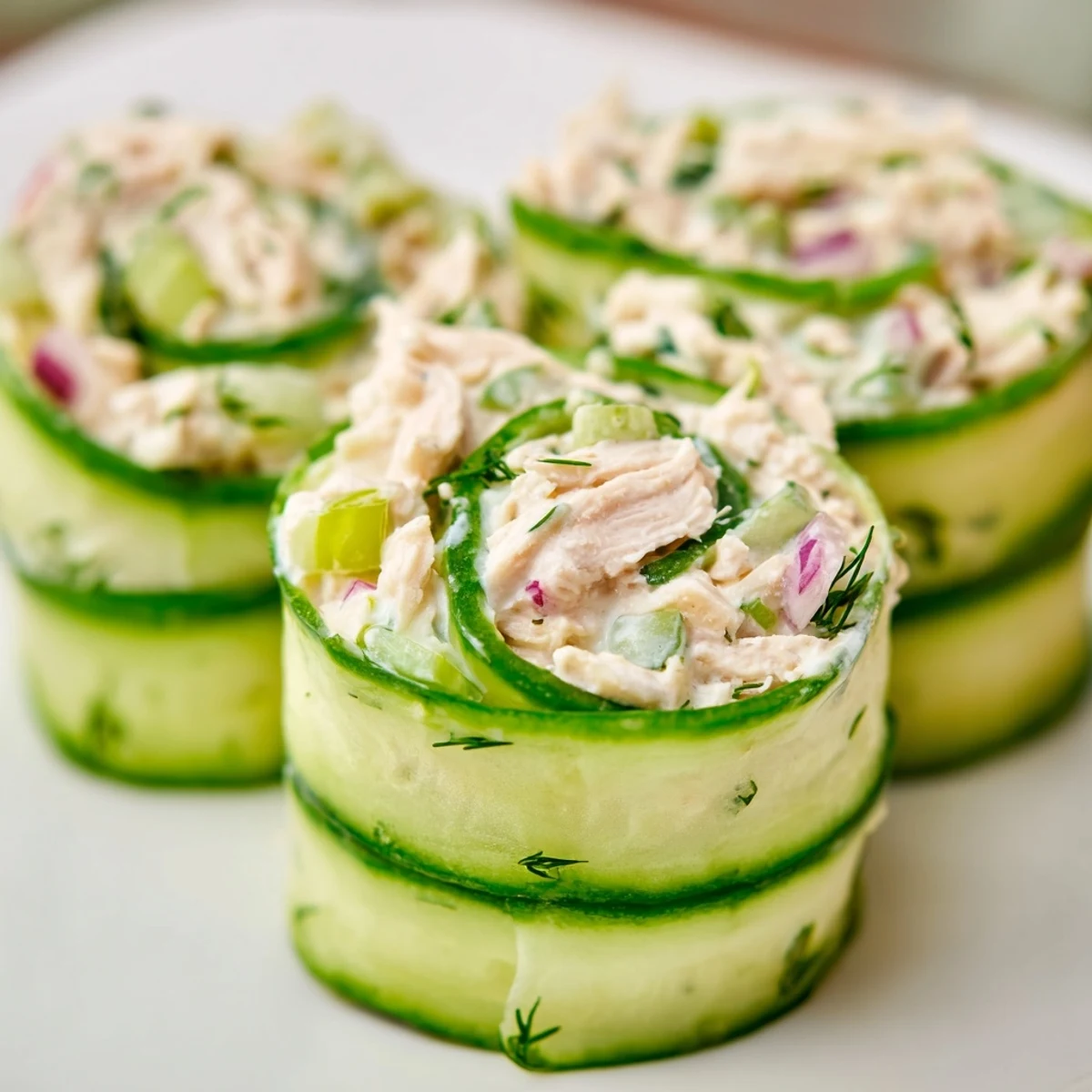 Light and healthy chicken salad cucumber roll ups arranged on a wooden board for appetizers