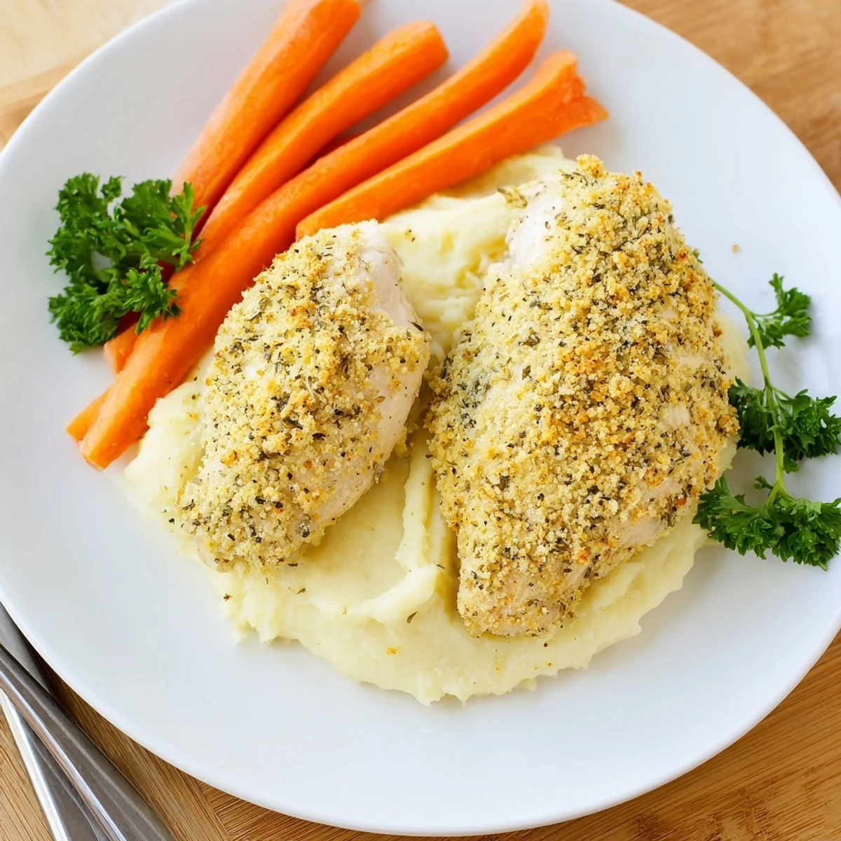 Golden herb-roasted chicken breast resting on creamy mashed potatoes with glossy honey-glazed carrots